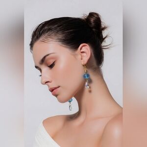 💎  Handmade Blue Glass & Crystal Drop Earrings – Elegant Gold Tone Dangle